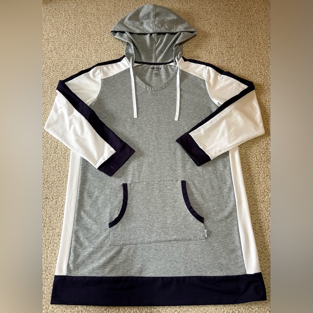 DKNY Color-Block Hooded Relaxed Shirt/Dress in Heather Gray, Blue & White  w Pkt - Picture 5 of 10